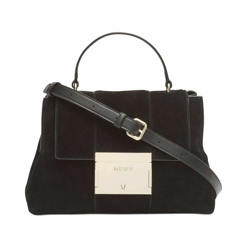 DKNY Adam Satchel Bag Womens 1SZ Black New Suede Leather Crossbody R93DND54